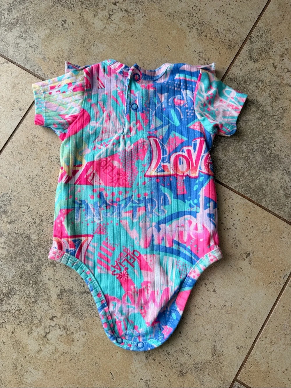 dELiA*s Baby 0-3M Y2K Graffiti Ruffle Sleeve Bodysuit Colorful